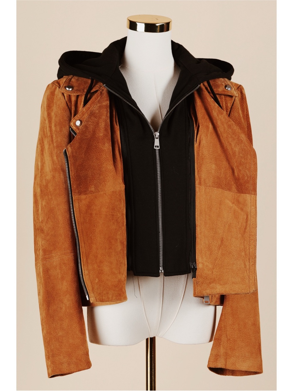Sz L Bagatelle Collection Genuine Leather Tan Suede Hooded Moto Jacket EUC - Picture 5 of 6